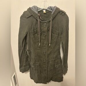 Free People Jacket Women 6 Green Olive Snap Hooded Epaulette Military Ramie Coat